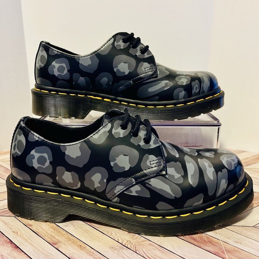 Dr‎ Martens 1461 Distorted Leopard Print Oxford M 4 W 5 Shoes Black Grey Skulls